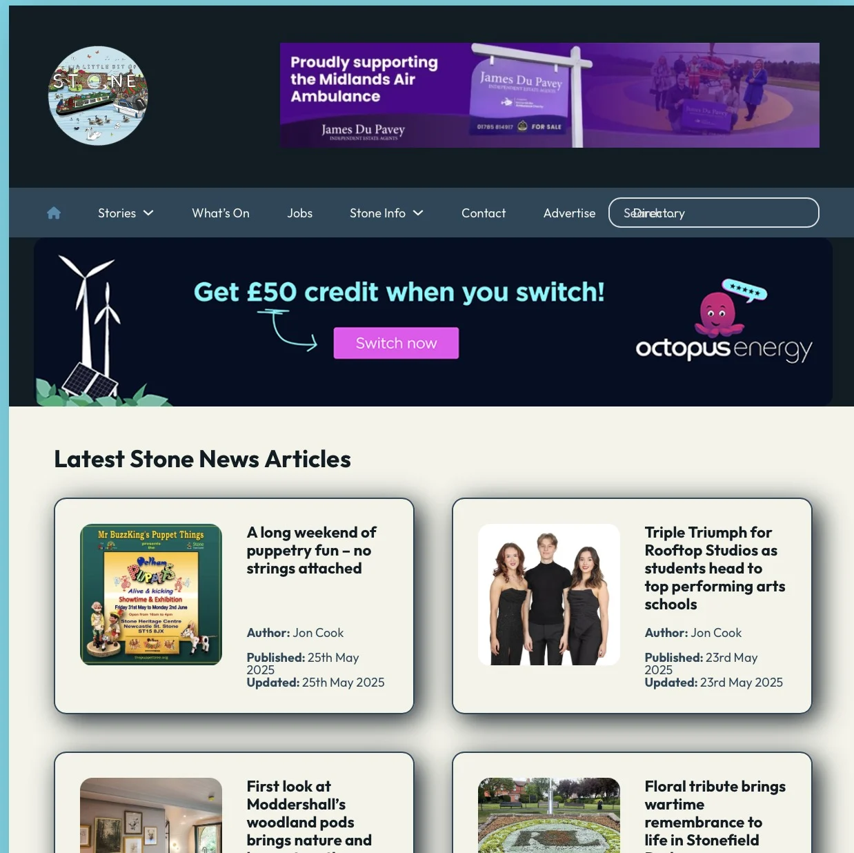 Screenshot of the A Little Bit of Stone homepage showing the latest news articles, navigation menu, featured story carousel and links to jobs, events and business directory.