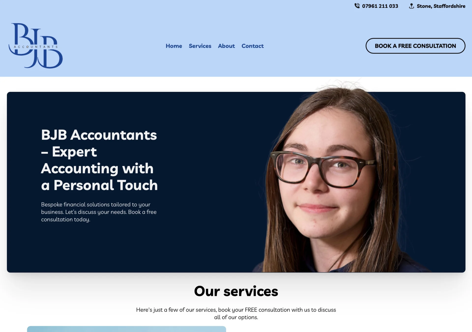 omepage of BJB Accountants website showing the logo, navigation menu, a hero message reading "Expert Accounting with a Personal Touch", and a headshot of Beth Beardmore.